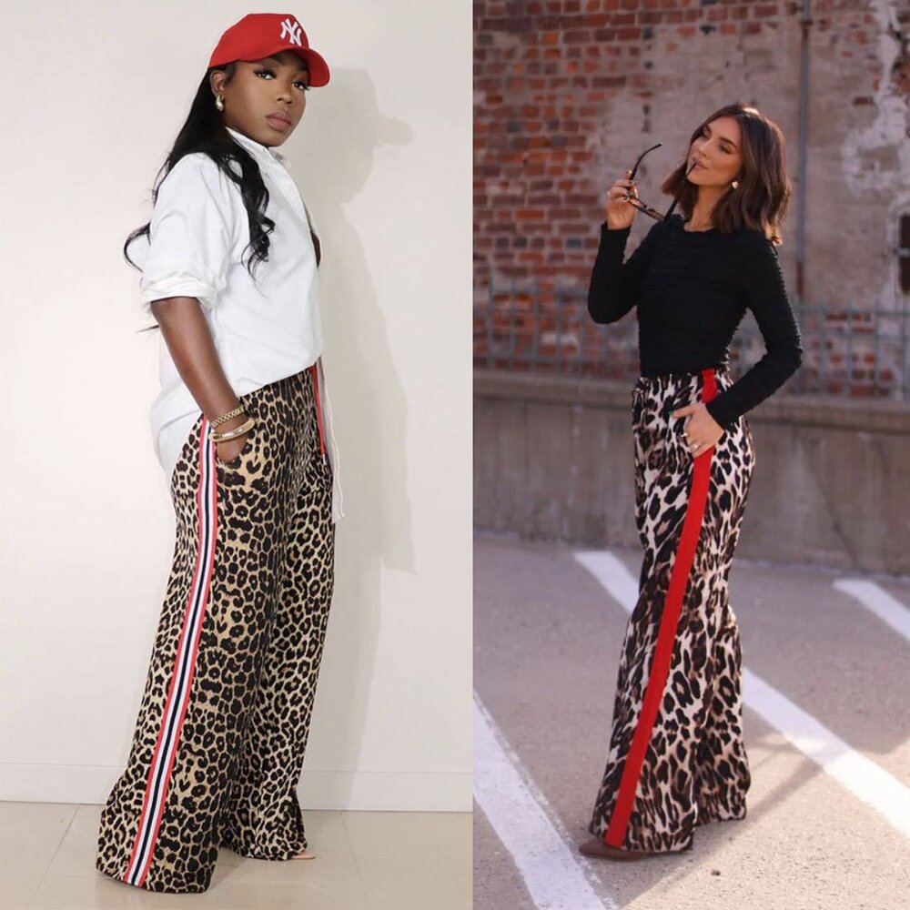 Leopard Print Wide-Leg Pants with Red Side Stripe